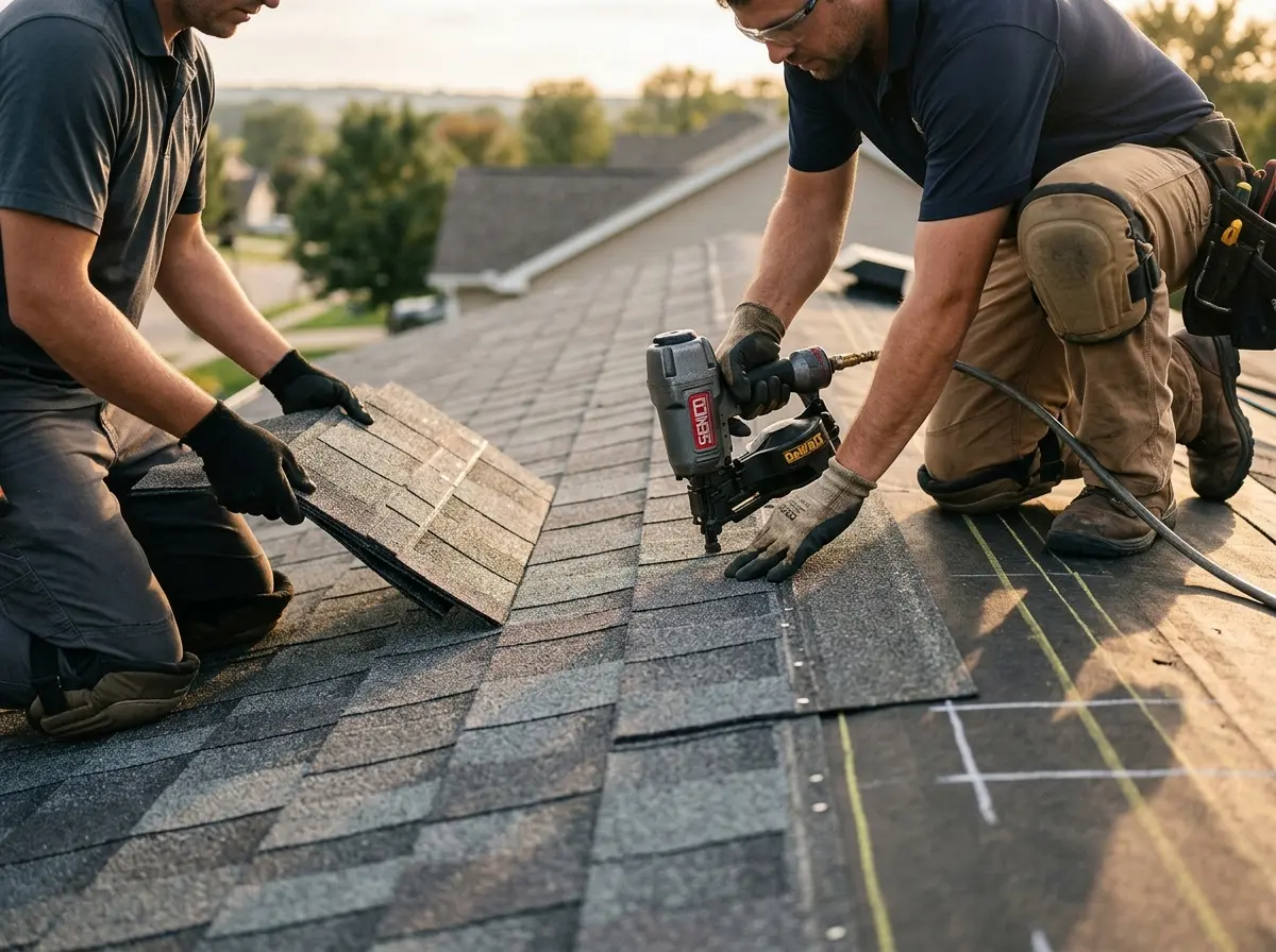 Professional roofer working on a residential roof in Darby